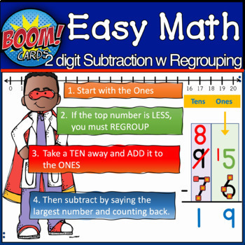 Preview of Touch Number Math 2 Digit Subtraction with Regrouping | BOOM CARDS 