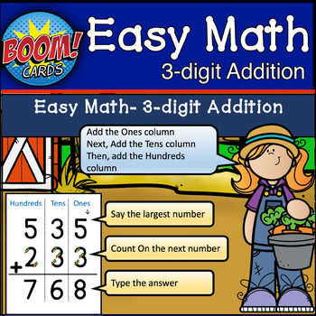 Preview of Touch Number Math | Addition | 3 Digit | Farm | BOOM CARDS | Distance Learning