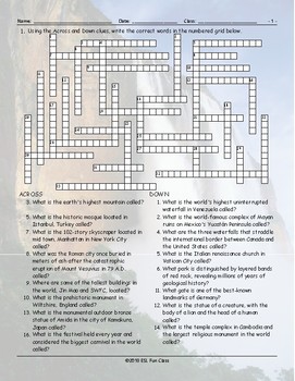 Tourist Attractions Around The World Word Crossword Puzzle TPT