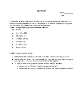 Preview of Tow Truck Offline Formative Assessment on Modeling Linear Equations