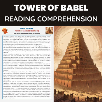 Preview of Tower of Babel Reading Comprehension Worksheet | Bible Stories Genesis 11:1-9