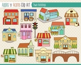 Town Buildings Clip Art - color and outlines