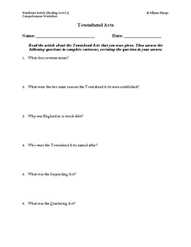 Preview of Townshend Acts Article (Reading Level 2) Comprehension Worksheet