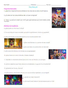 emprender Senador desarrollando Toy Story 4 Movie Guide Questions in SPANISH. Preguntas 100% español