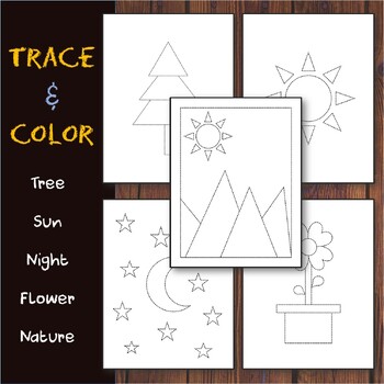 Preview of Trace & Color Nature: Sun/Tree/Crescent & Stars/Flower/View, Draw using Shapes