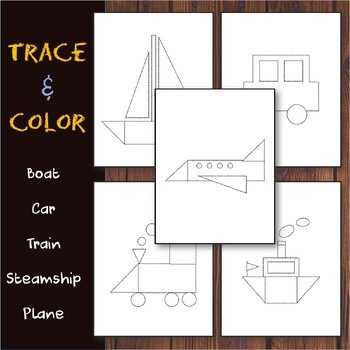 Preview of Trace & Color Transportation: Car/Train/Boat/Steamship/Plane, Draw using Shapes