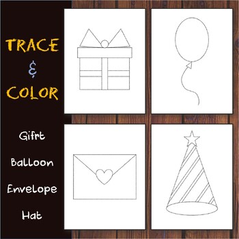 Preview of Trace & Color in Party: Gift/Hat/Envelope/Balloon, Draw using Shapes