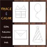 Trace & Color in Party: Gift/Hat/Envelope/Balloon, Draw us