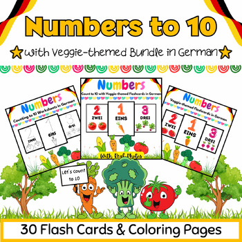 Preview of Trace Count Color to 10 in German with Vegetables Worksheets & Flashcards BUNDLE