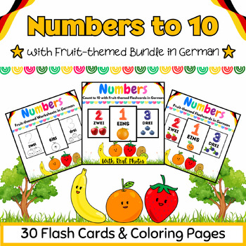 Preview of Trace Count & Color to 10 with Fruits in German Worksheets & Flashcards BUNDLE