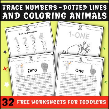 Preview of Trace Numbers And Dotted Lines And Coloring Animals Worksheets For Toddlers
