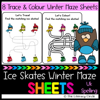 Preview of Trace and Color Ice Skates Winter Maze Sheets (UK Spelling)
