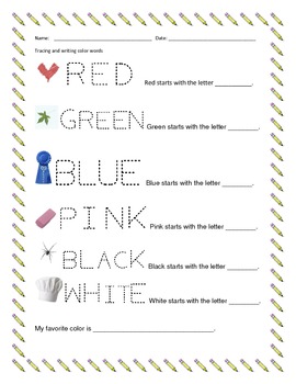 tracing color words and identifying beginning letter by erin zaleski