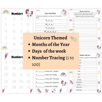 Preview of Tracing Numbers, Days of the Week, Months of the Year kit | Unicorn Theme | HW