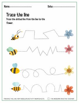 Tracing The Line For Toddlers Activity Worksheets by Bees and flowers