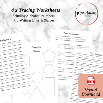 Preview of Tracing Worksheets | Handwriting Practise | Dotted Letters, Numbers & Shapes