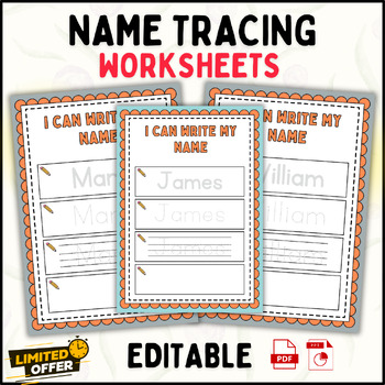 Preview of Tracing Worksheets for Kids: Editable Name Writing Practice Sheets (PPT & PDF)