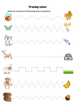 Tracing lines: Guide the animals to find food by draw - Worksheet Free!