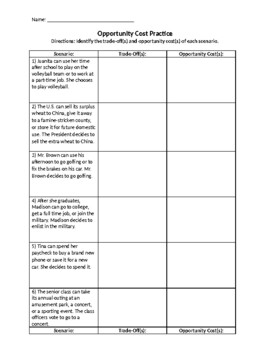 Preview of Trade Off & Opportunity Cost Practice Worksheet *WITH KEY!