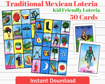 Preview of Traditional Mexican Loteria Kid Friendly 50 Cards
