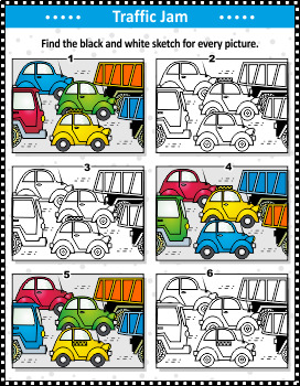 Traffic Jam Visual Puzzle and Coloring Page, Commercial Use Allowed