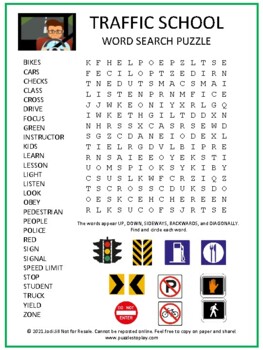 Preview of Traffic School Word Search Puzzle Activity Worksheet  Driver's Ed fun Drivers