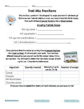 Preview of Trail Mix Fractions Activity Sheet | Improper Fractions & Mixed Numbers | CCSS