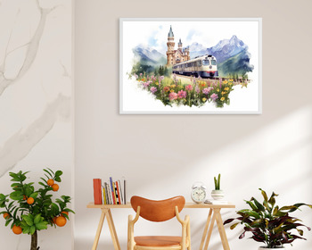 Preview of Train & Castle in Spring Wall Art Prints, Watercolor Style, for Kids Room