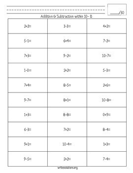 Addition and Subtraction Practice Worksheets Differentiated by Write