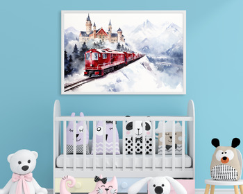Preview of Train and Castle Wall Art Prints : Winter - Ideal for Nursery, Boy's Room