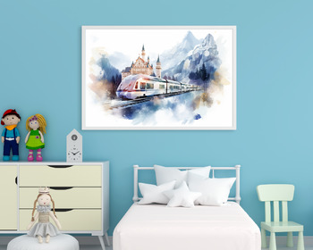 Preview of Train and Castle in Winter Wall Art Prints, Perfect for Nursery, Boys Room