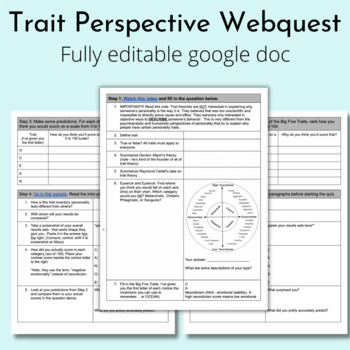 Preview of Trait Perspective of Personality Psychology Webquest