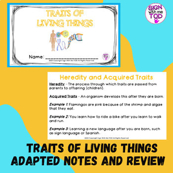 Preview of Traits of Living Things Adapted Notes and Review