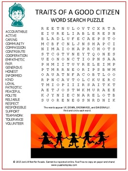 Preview of Traits of a Good Citizen Word Search Puzzle | Vocabulary Activity Worksheet
