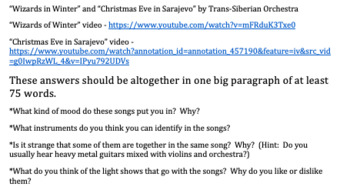 Preview of Christmas - Trans-Siberian Orchestra song journal writing prompt