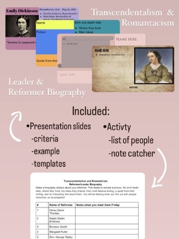 Preview of Transcendentalism and Romanticism Reformers and Leaders Biography Project