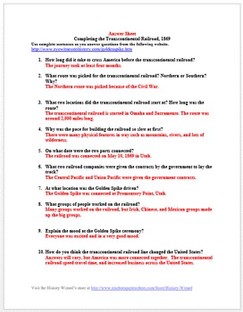 Transcontinental Railroad 1869 Primary Source Worksheet by History Wizard