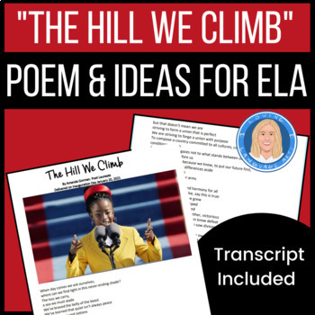 Preview of "The Hill We Climb" Poem by Amanda Gorman -Transcript & ELA Reading Ideas - FREE