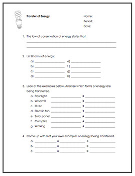 Transfer and Conservation of Energy Worksheet by Science Lessons That Rock