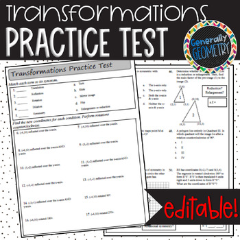 Preview of Transformations Practice Test | EDITABLE | Reflections | Rotations  Translations