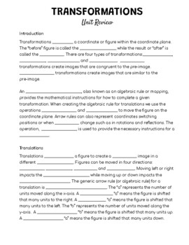 Preview of Transformations Study Guide- Translations, Rotation, Reflection, Dilation
