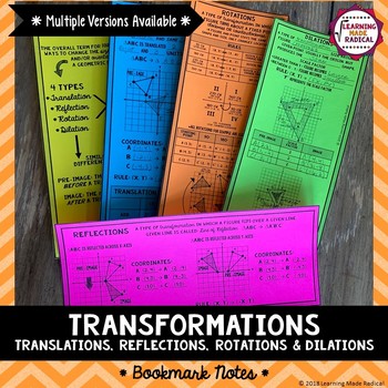 Preview of Transformations (Translation, Reflection, Rotation & Dilation) Bookmark Notes
