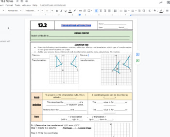 Preview of Transformations: Translations & Vectors Graphing Fillable Notes & KEY