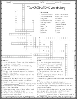 Transformations Vocabulary Math Crossword Puzzle 8th Grade Tpt