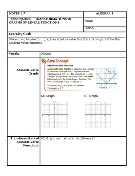 Preview of Transformations of Absolute Value Functions Notes, Practice, and Exit Ticket