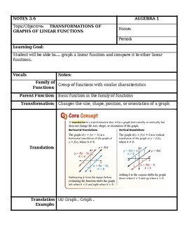 Preview of Transformations of Linear Functions Notes, Practice, and Exit Ticket