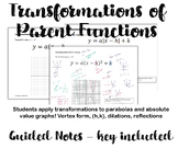 Transformations of Parent Functions Notes (Parabolas, Abso
