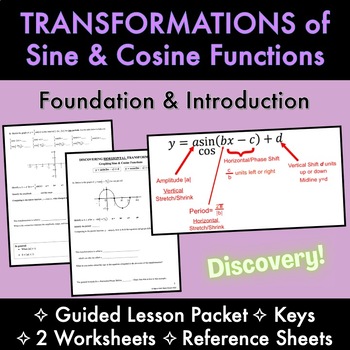 Preview of TRANSFORMATIONS OF SINE/COSINE Lessons, 2 Worksheets, Reference Sheet, KEYS