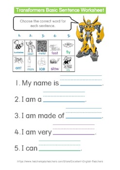 Preview of Transformers Basic Sentence Worksheet