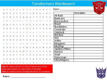 Transformers Wordsearch Sheet Cartoon Starter Activity Keywords TpT
